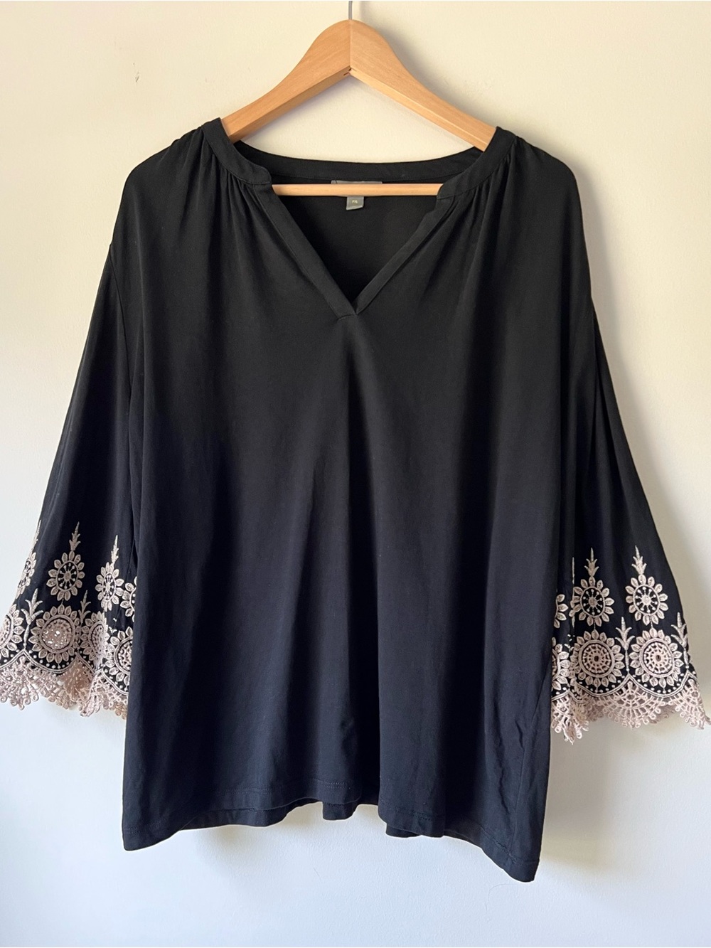 Style & Co. Petite Boho Embroidered Flowy Bell Sleeve Top Black Size PXL